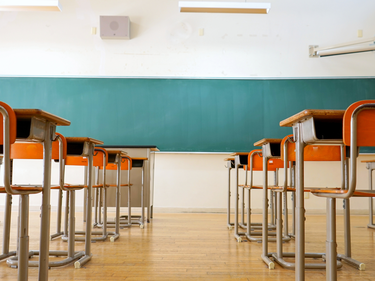 desks set up in a classroom